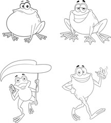 Outlined Frog Cartoon Characters. Vector Hand Drawn Collection Set Isolated On Transparent Background