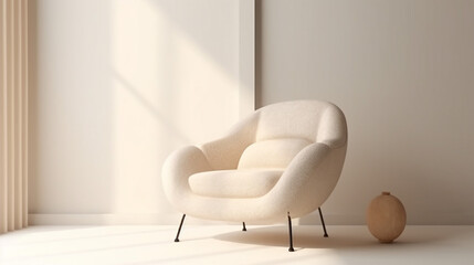 Beige cream thick cushion armchair, black steel leg in sunlight on white abstract texture wallpaper wall,