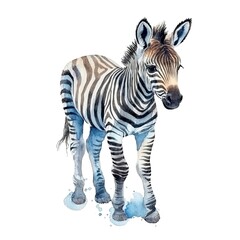 Baby Zebra watercolor with ink outline on white background, high detailed (generative AI)