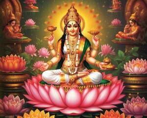 You can download pictures of Maha Lakshmi, the goddess on a lotus flower. (Generative AI) - 601599781