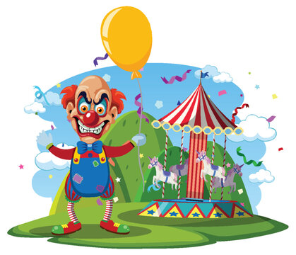 Creepy clown with circus carousel background