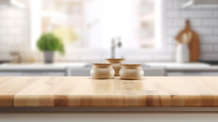Fototapeta na wymiar Empty beautiful wood table top counter and blur bokeh modern kitchen interior background in clean and bright