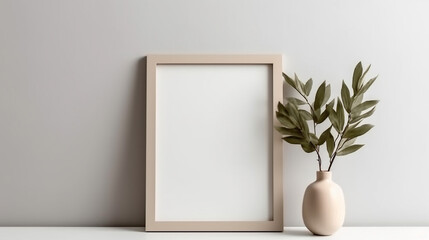 Fototapeta na wymiar Empty horizontal frame mockup in modern minimalist interior with plant in trendy vase on white wall background, Template for artwork, painting, photo or poster. Generative AI