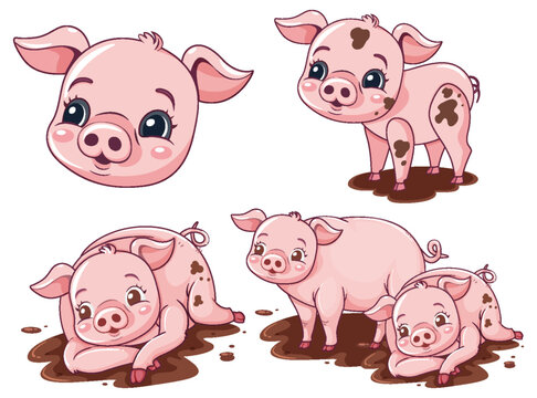 Set of pink cute pig cartoon character playing mud