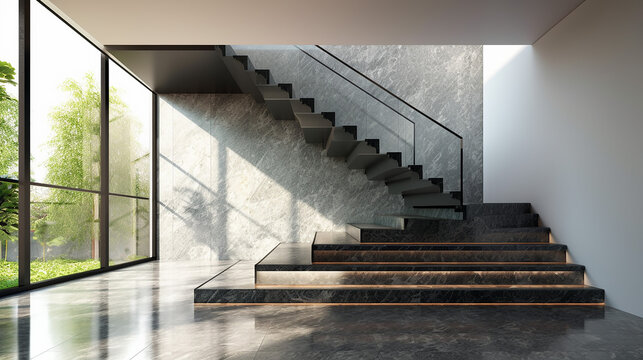 Luxury, modern U shape gray texture granite stone stair, staircase tempered glass panel, black steel 