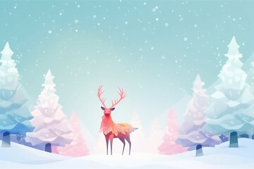 クリスマスの雪降る森の中のモミの木とトナカイ　AI画像