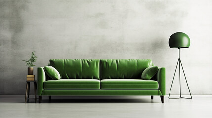 Modern living room design with green sofa and empty white wall background. Home interior design. 3D Rendering, 3D Illustration. Generative AI