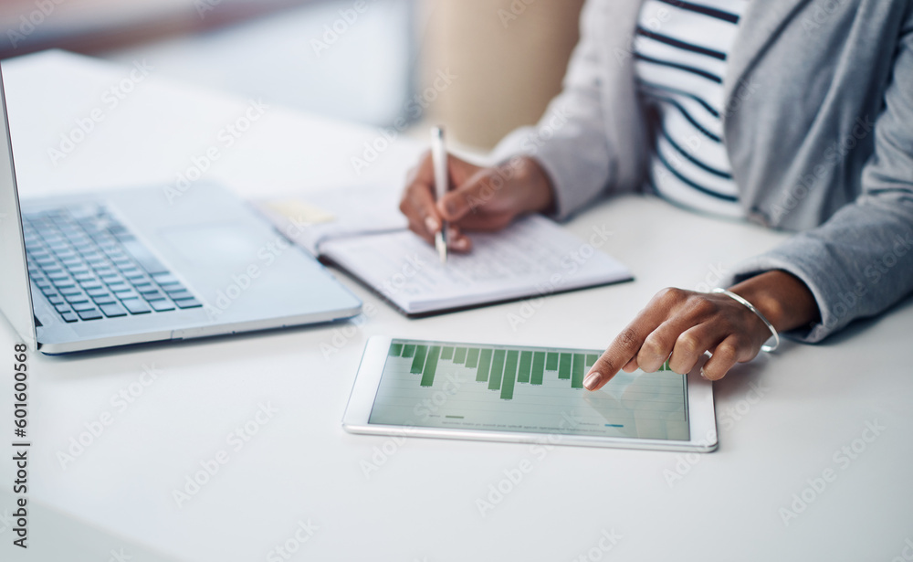 Aufkleber Data, tablet and accountant working on graph results or planning company finance performance in an office. Woman, hands and financial advisor doing a growth analysis of a startup using statistics