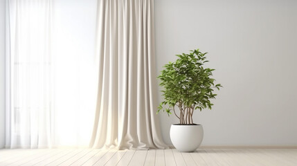 Plant against a white wall mockup. White wall mockup with brown curtain, plant and wood floor. 3D illustration..