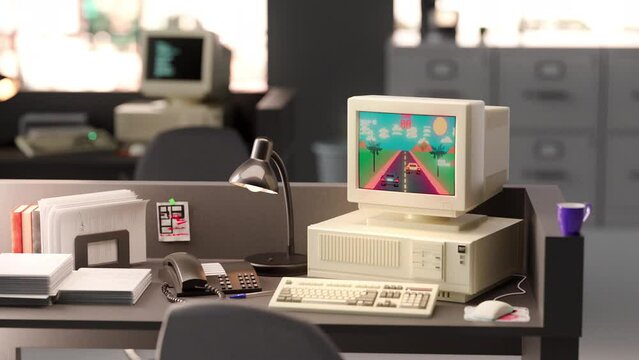 Old computer game. Using retro office computer. Vintage CRT monitor in 90s style. Antique video gaming, nostalgia 3D Render
