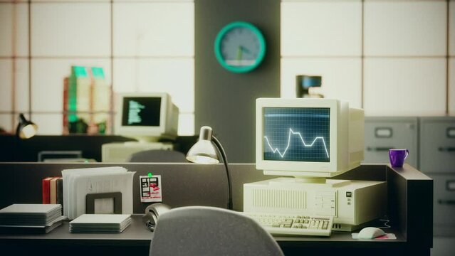 Retro Vintage Office Space PC with stock line chart displayed on a monitor. Old CRT display. 80s, 90s style render
