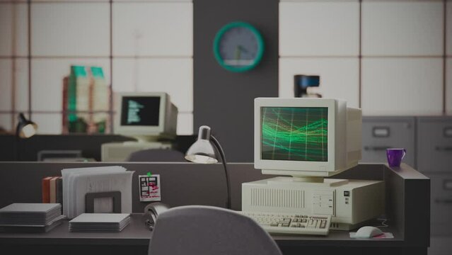 Old Computer Office Space - Retro PC, vintage Desktop display, late 90s personal computer 3D Render mock-up
