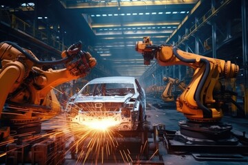 Fototapeta na wymiar Futuristic Machines in Factory: Robots Producing Auto Parts, Generative AI Technology