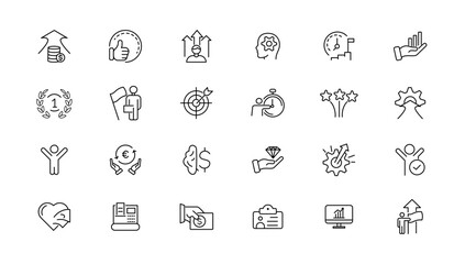 Growth and success line icons collection. Big UI icon set in a flat design. Thin outline icons pack.