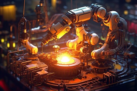 Futuristic Machines in Factory: Robots welding in a production line, Generative AI Technology