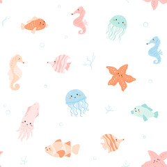 Undersea animals, seamless pattern with cute aqua creatures, fish, kawaii squid, jellyfish, starfish, pretty seahorse. Minimal background, vector illustration. Underwater characters, bubbles, corrals