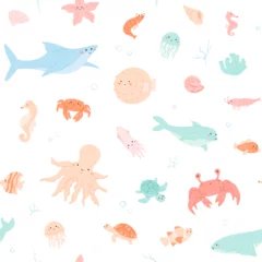 Papier Peint photo Sous la mer Sea animals seamless pattern. Cute aquatic creatures with bubbles. Minimal childish vector background. Crab, squid, baby dolphin, puffer with pretty face, kawaii shark, jellyfish. Undersea life.