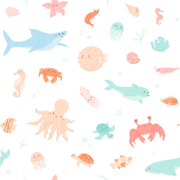 Sea animals seamless pattern. Cute aquatic creatures with bubbles. Minimal childish vector background. Crab, squid, baby dolphin, puffer with pretty face, kawaii shark, jellyfish. Undersea life.
