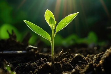 Growing plant with water droplet basking in sunlight. (Generative AI)