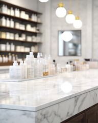 The drugstore shelves are blurred in the background of an empty white marble counter top. (Generative AI)