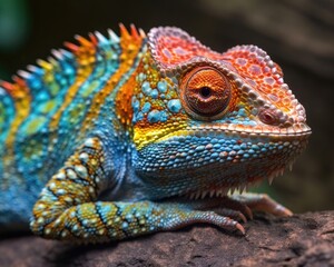 Obraz premium A colorful chameleon lizard in closeup. (Generative AI)