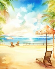 A stunning watercolor painting of a panoramic beach with chairs, umbrella, and white sand is a perfect travel tourism concept. (Generative AI)
