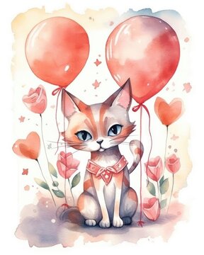 A post-processed image depicts a cat with flowers and heart-shaped balloons for a happy birthday celebration. (Generative AI)