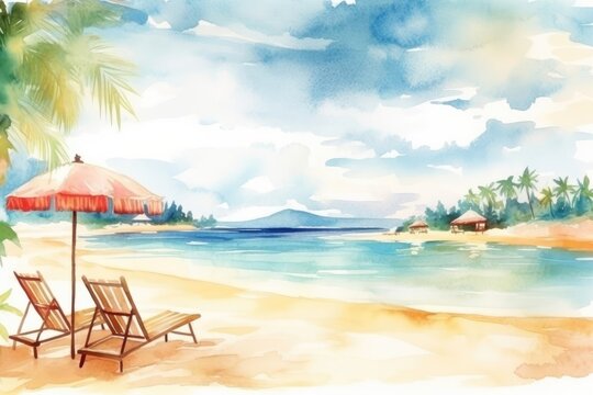 The beach banner showcases a stunning watercolor landscape of white sand, chairs, and an umbrella. (Generative AI)