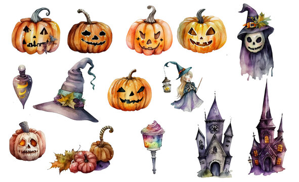 Halloween pumpkin set, Halloween Watercolor Clipart, pumpkins, castle, transparent background - Generative Ai