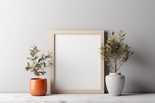 Empty square frame mockup in modern minimalist interior with plant in vase on white wall background, template for artwork, painting, poster, ai generative