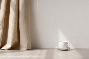 Aesthetic minimalist neutral home interior background, empty white wall, beige linen curtain, stone...