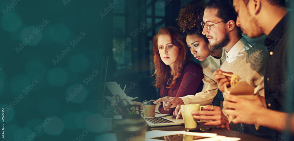 Poster business people, laptop and bokeh mockup at night with collaboration and teamwork. company staff, te