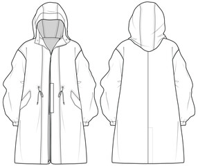womens knee length hooded trail jacket flat sketch vector illustration front and back view waterproof rain coat technical cad drawing template