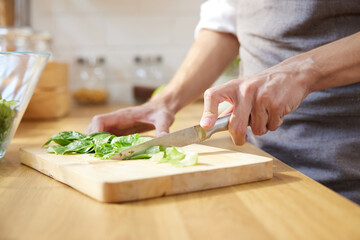 close up of a chef hands cutting vegetable salad on a cutting board in the kitchen