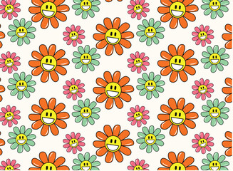 Groovy seamless patterns with funny happy daisy, wave, chess, mesh, rainbow. in trendy retro trippy style. Hippie Yellow, orange, pink colors.