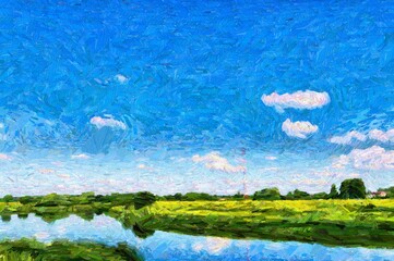 Green landscape with river digital art