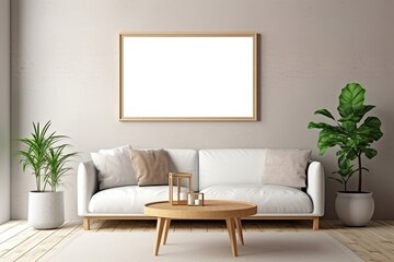 Blank wooden picture frame mockup on wall in modern interior design. Horizontal artwork template mock up for artwork, painting, posteror photo in interior design, ai generative