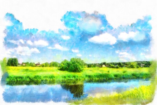 Green landscape with river digital art