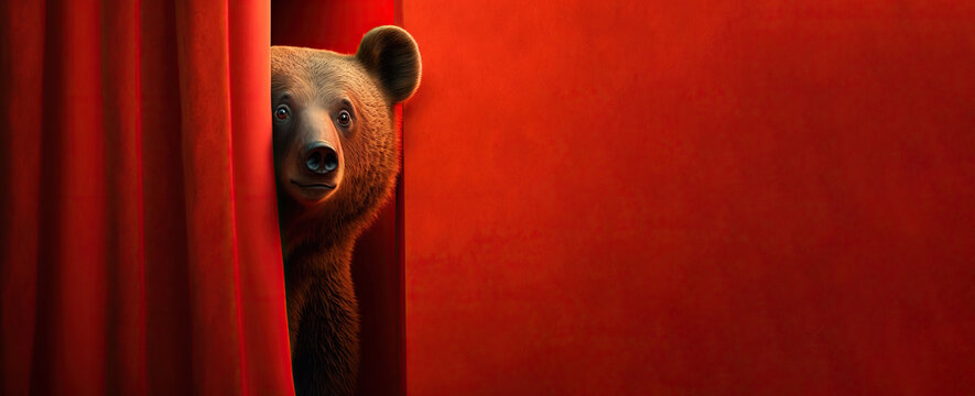 Shy brown bear peeks out from behind a curtain on a stage, against a red background, created with Generative AI technology. Space copy. 