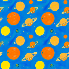 Space seamless pattern pattern with planets and stars. Bright repeating texture. Blue background. Suitable for printing, textiles, fabric, wrapping paper, education. Wallpaper children. Generative AI.