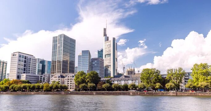 Frankfurt skyline hyper lapse. Financial office buildings in downtown Frankfurt.