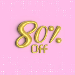 80% off, 3D shiny gold text 80 percent off isolated on pink background, 3D mega sale 80% offer, Sale offer price sign, Special offer symbol. Discount promotion,  Editable vector illustration
