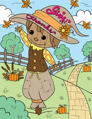 Give thanks with a scarecrow, pumpkins, and farm elements. Hand-drawn lines. Doodles art for Thanksgiving. Coloring book for adults and kids.