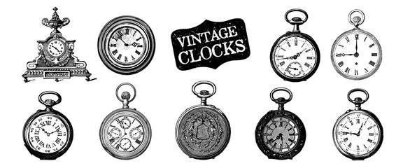 Fototapeta na wymiar Vintage Clocks Engraving. Mechanism Pocket Watch. Retro Dial Set. Clock Faces. Old Style Clocks Watchface with Roman Numerals, Ornate Watch, Antic Watches Design. Antique Elegant Hour Time Clock. 