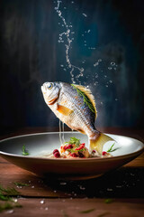 Antigravity dorado fish, fly over plate with garnish. trending food photography. Good Good