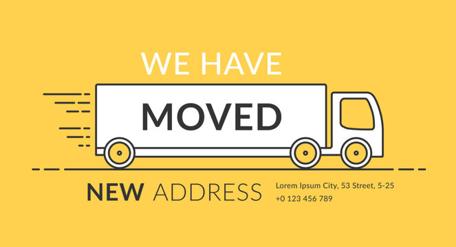 We have moved concept with long truck line icon on yellow background