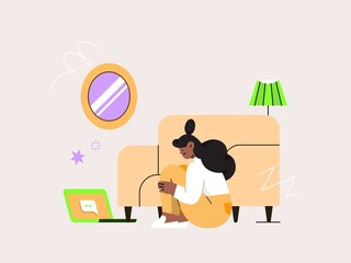 A sad woman sitting alone on the floor at home, while looking at her laptop . social media trap
