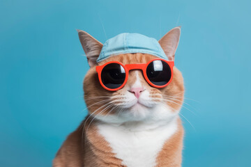 Rot-weiß getigerte Katze mit Sonnenbrille und Kappe vor blauem Hintergrund - Generative AI