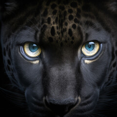 Impressive portrait photo of a very beautiful Black Panther, with beautiful brown eyes.