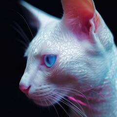 albino cat that looks wears a second skin made of liquid metal shine glass on her face that shines in neon transparent like glue